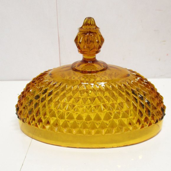 Vintage Indiana Amber Glass Diamond Point Covered Oval Butter Dish - Picture 6 of 8